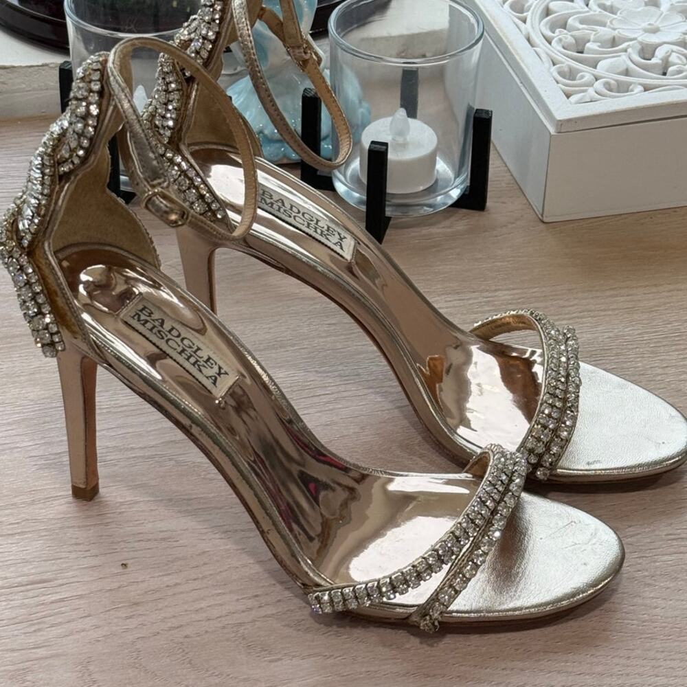 Badgley Mischka Rhinestone Crystal Metallic Stiletto Wedding Sandals Women’s 7.5